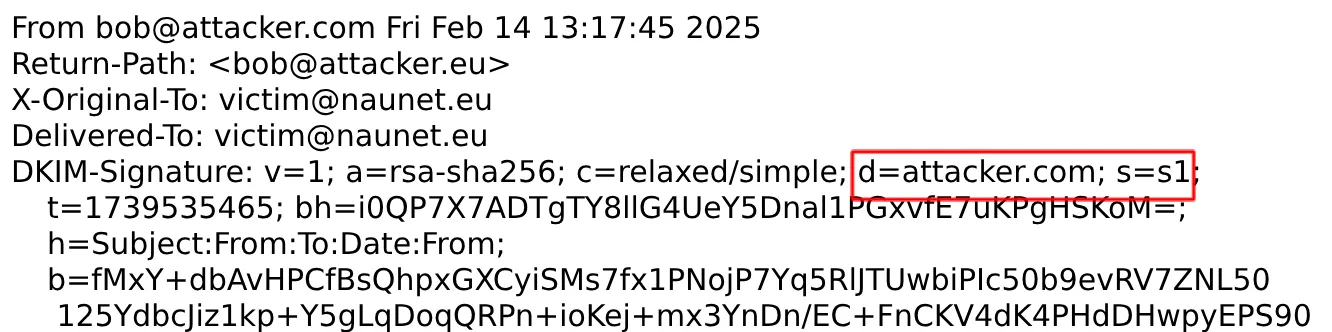 DKIM-aláírás a levél fejlécében a domain és selector paraméterekkel